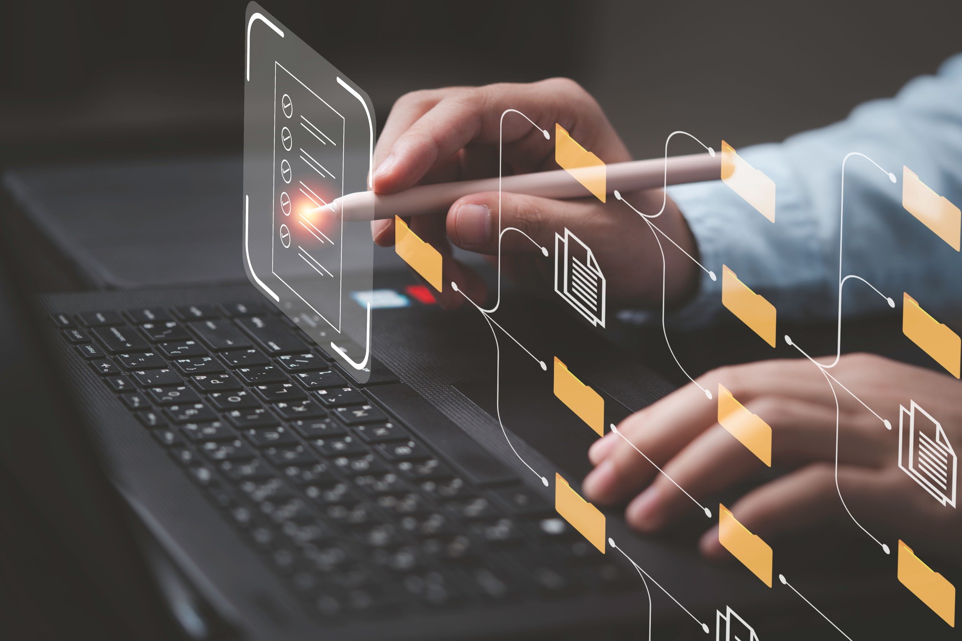 Businessman working on computer laptop and touching to virtual screen to check and approve document for online document database and quality management system concept.