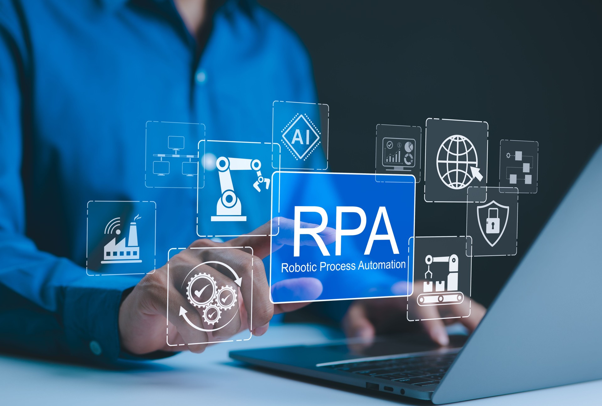 RPA, Robotic Process Automation Technology Concept. Businessman working on laptop with digital icons represent robotic process automation and AI, illustrating modern innovation and automation tech.